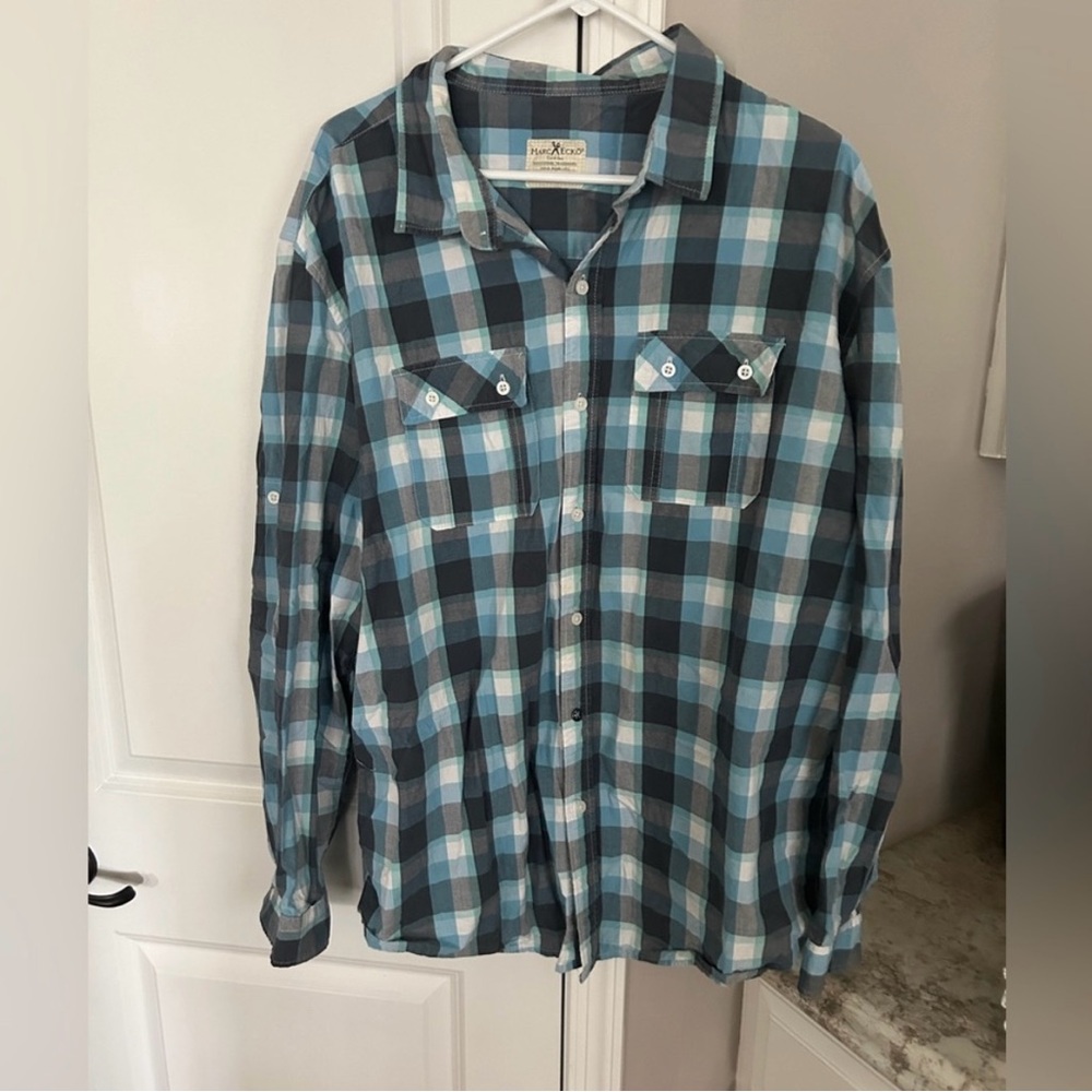 Men Marc Ecko Button Up Blue Plaid Shirt XXL